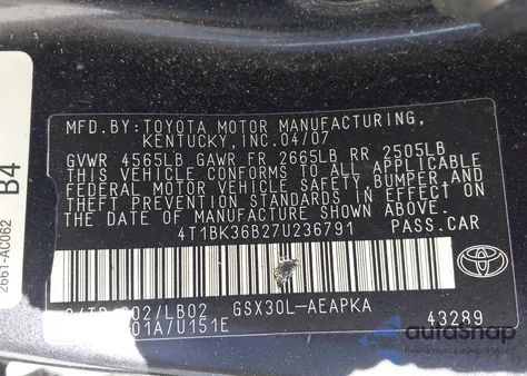 2007 Toyota Avalon Limited from USA, damaged, VIN 4T1BK36B27U236791